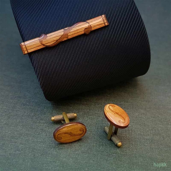 Music F-hole Cherry Wood Cufflinks & Tie Clip Set - by hopkk 2