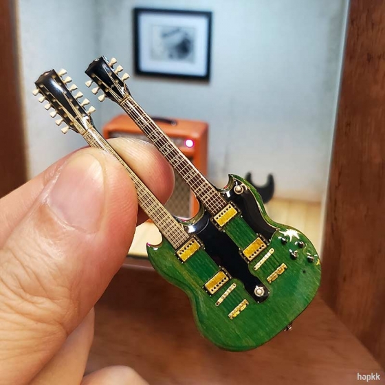 Handmade band room miniature scene with a double neck guitar lapel pin - Set #6 2