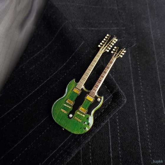 Handmade band room miniature scene with a double neck guitar lapel pin - Set #6 3