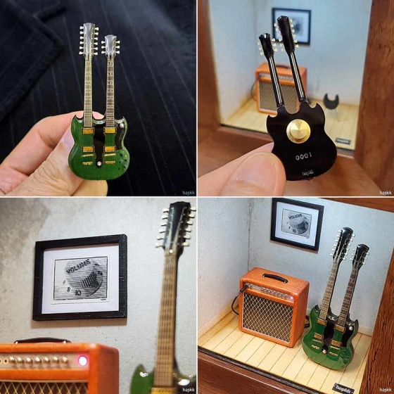 Handmade band room miniature scene with a double neck guitar lapel pin - Set #6 4