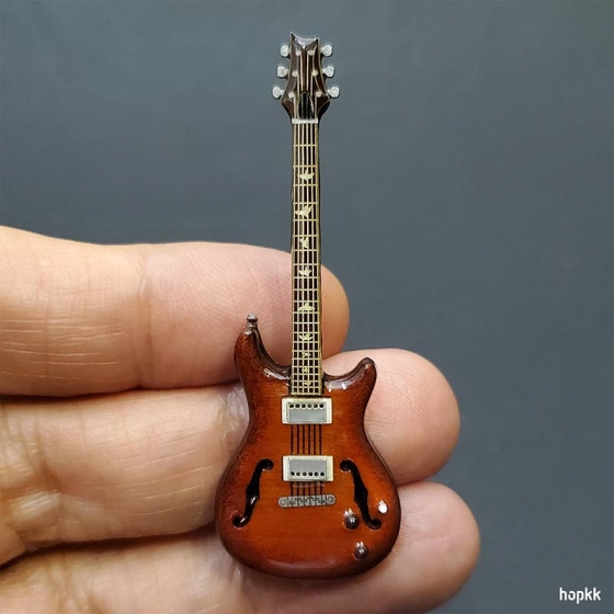 Miniature wood color hollow guitar lapel pin - PRS #0007 1